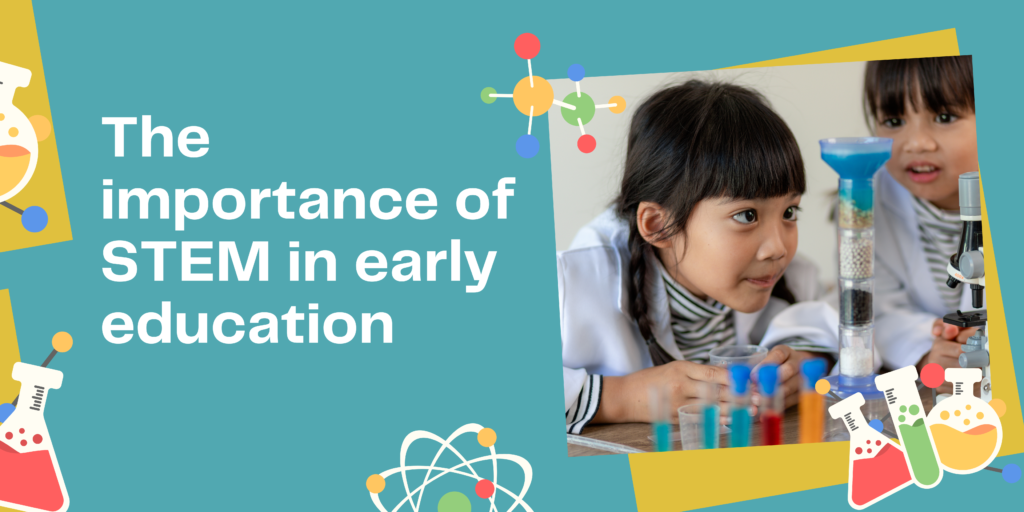 Blog header with the text 'Importance of STEM in Early Education' with a picture of two kids conducting an experiment.