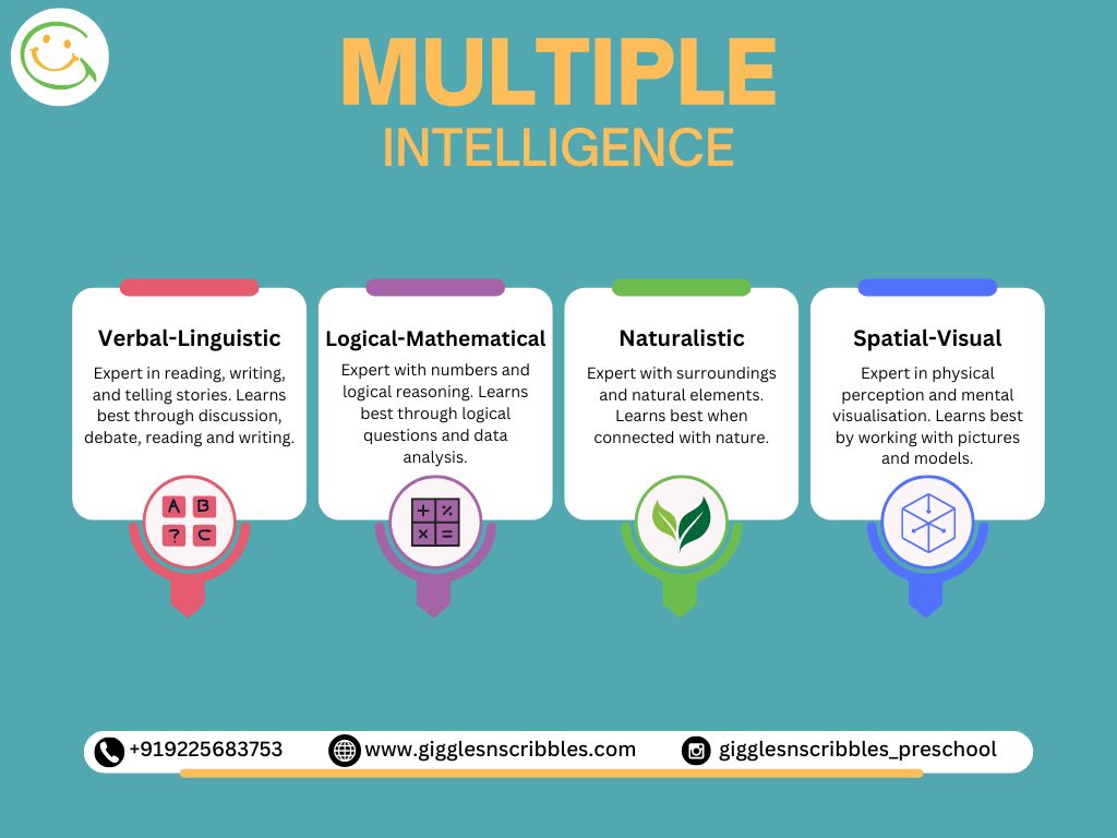 A chart showing the multiple intelligence - verbal-liguistic, logical-mathematical, naturalistic and visual-spatial.